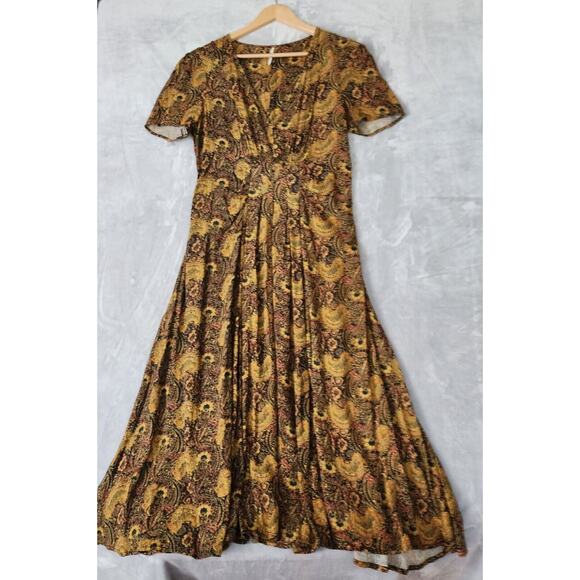 Free People Dress Womens 6 Small Olivia Midi Paisley Print Smocked Pleated Gold - Picture 10 of 11
